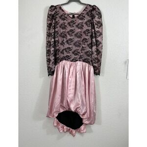 Vintage Prom Dress Womens Medium Pink Black Lace Bubble‎ Hem Long Sleeve 80s